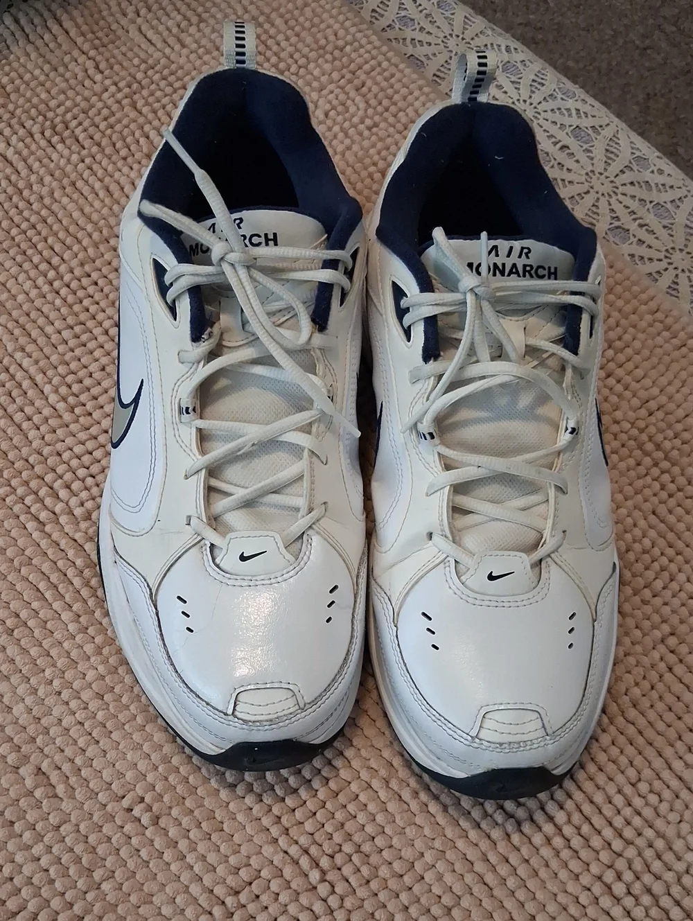 Nike White and Navy Air Monarch Low-Top Sneakers